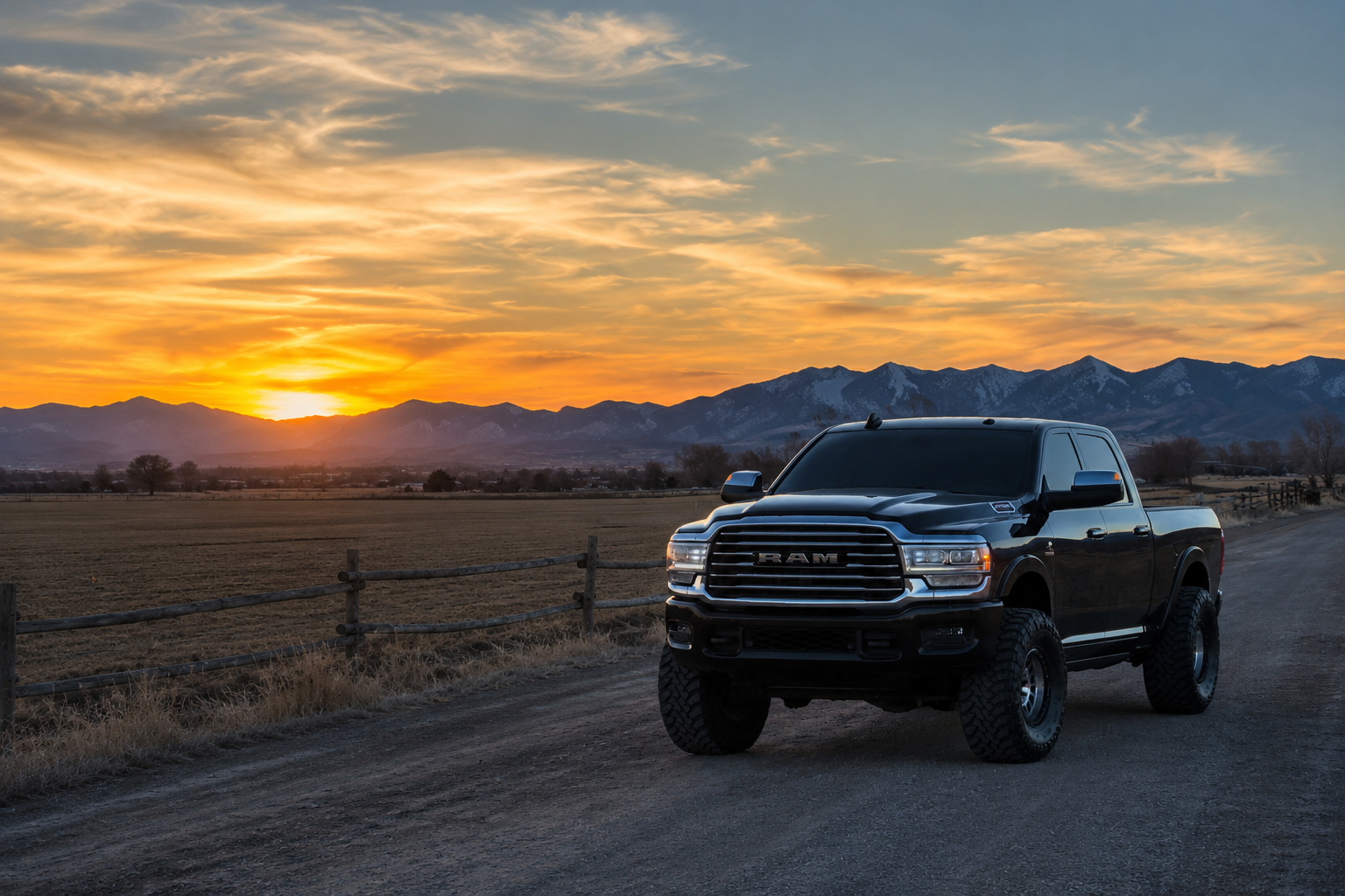 Black Ram truck on a dirt road with a sunset and mountains in the background